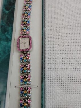Suzanne Somers Multicolor Crystal Bracelet Watch with Pink Bezel